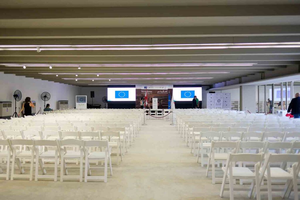 Minjara launch event stage designed by NjoyCreations at Oscar Niemeyer site in Tripoli Lebanon.